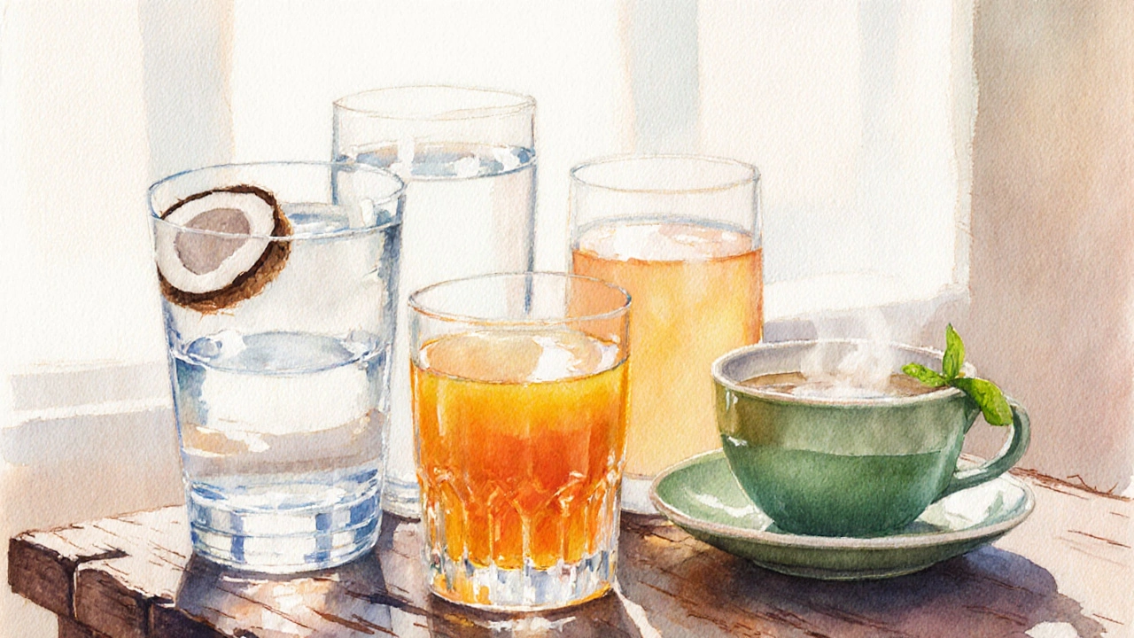 Assortiment de boissons (eau, eau de coco, boisson sportive, jus d'orange, thé vert) disposées en nature morte.