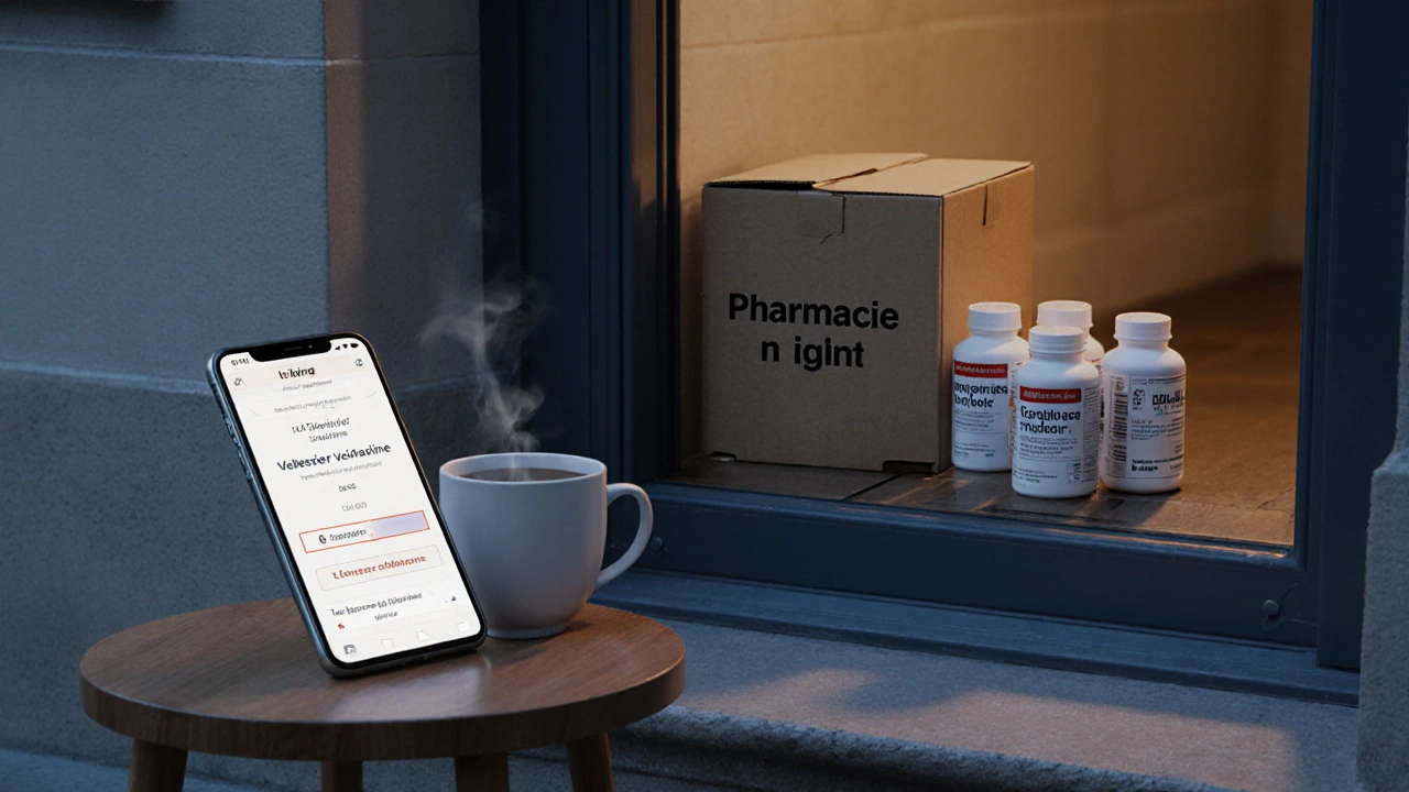 Boîte de livraison de médicaments génériques sur le pas de la porte, smartphone montrant le formulaire de prescription.