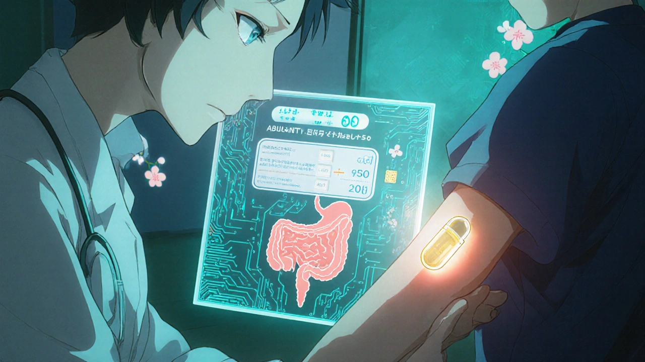 Capsule pH‑adaptative, implant sous‑cutané et IA holographique symbolisant l’avenir du dosage.