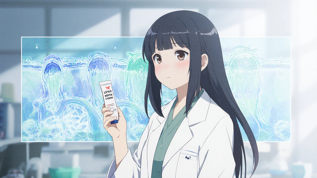 Chercheuse tenant un flacon de crème d'eflornithine dans un laboratoire.