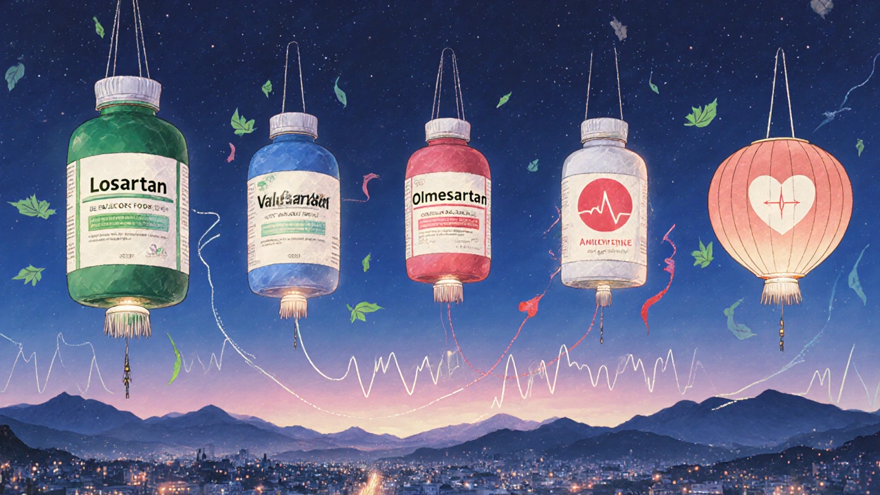 Cinq médicaments flottant comme des lanternes dans le ciel, reliés à un symbole de cœur par des traînées de pinceau.