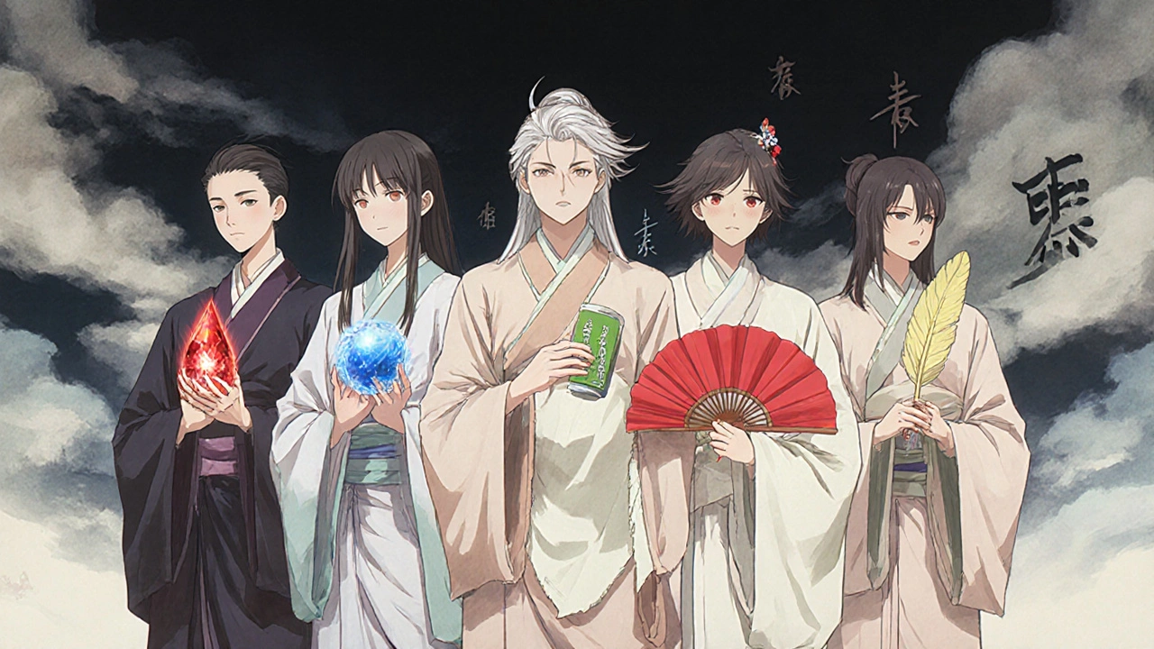 Cinq personnages représentant des médicaments différents, chacun tenant un objet symbolique, sur un fond de rouleau ukiyo‑e.