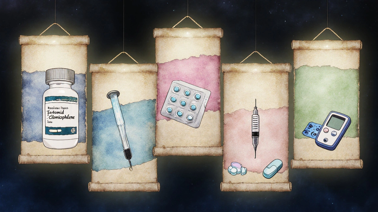 Collage illustrant les cinq traitements d'induction ovulaire : pilules, seringue et médicaments, style ukiyo‑e anime.