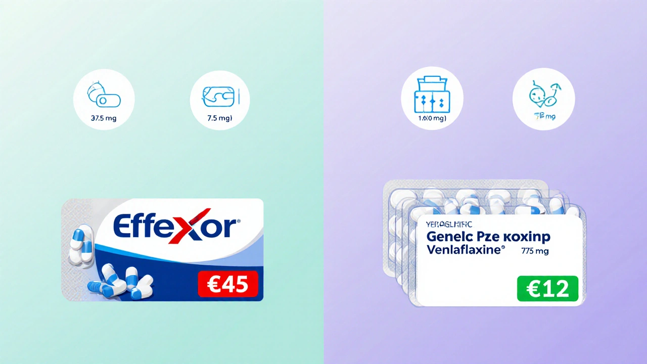 Comparaison visuelle entre Effexor de marque et venlafaxine générique, avec leurs prix respectifs.