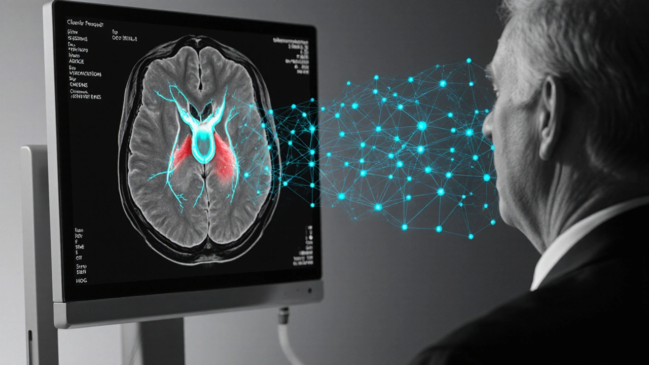 Dépistage d'anévrisme avec angio‑CT et surimpression d'IA bleu, ambiance en niveaux de gris.