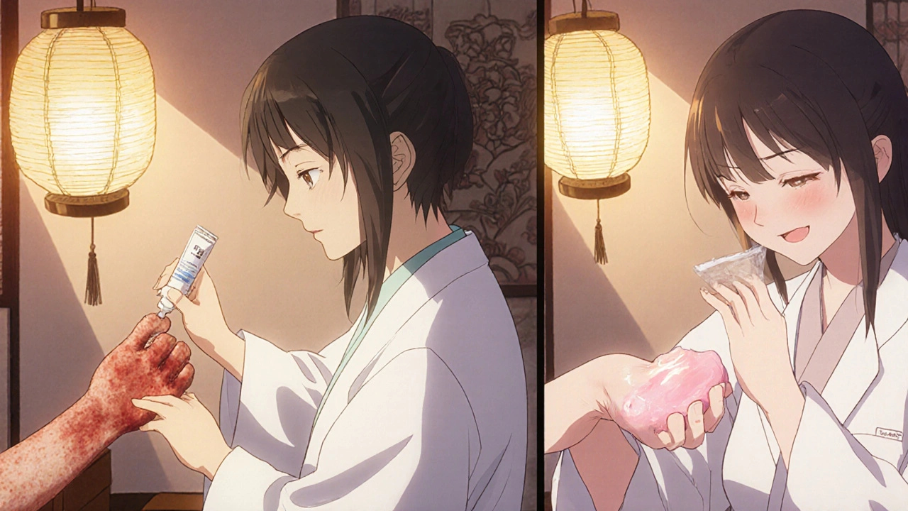 Dermatologue appliquant la crème de calcipotriol, montrant la peau avant et après traitement.