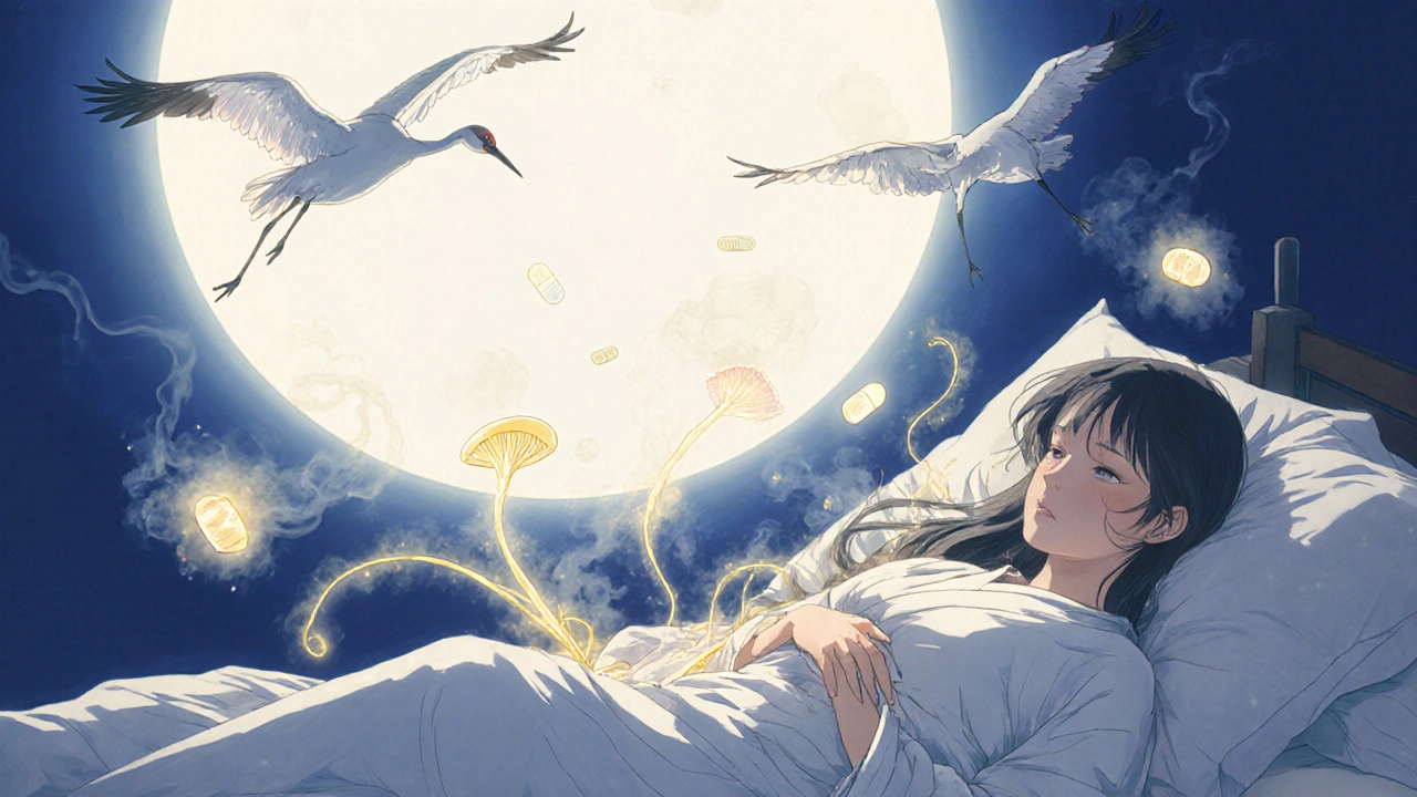 Femme reposant dans une chambre, des champignons dissous en lumière dorée, des ovules flottant comme talismans.