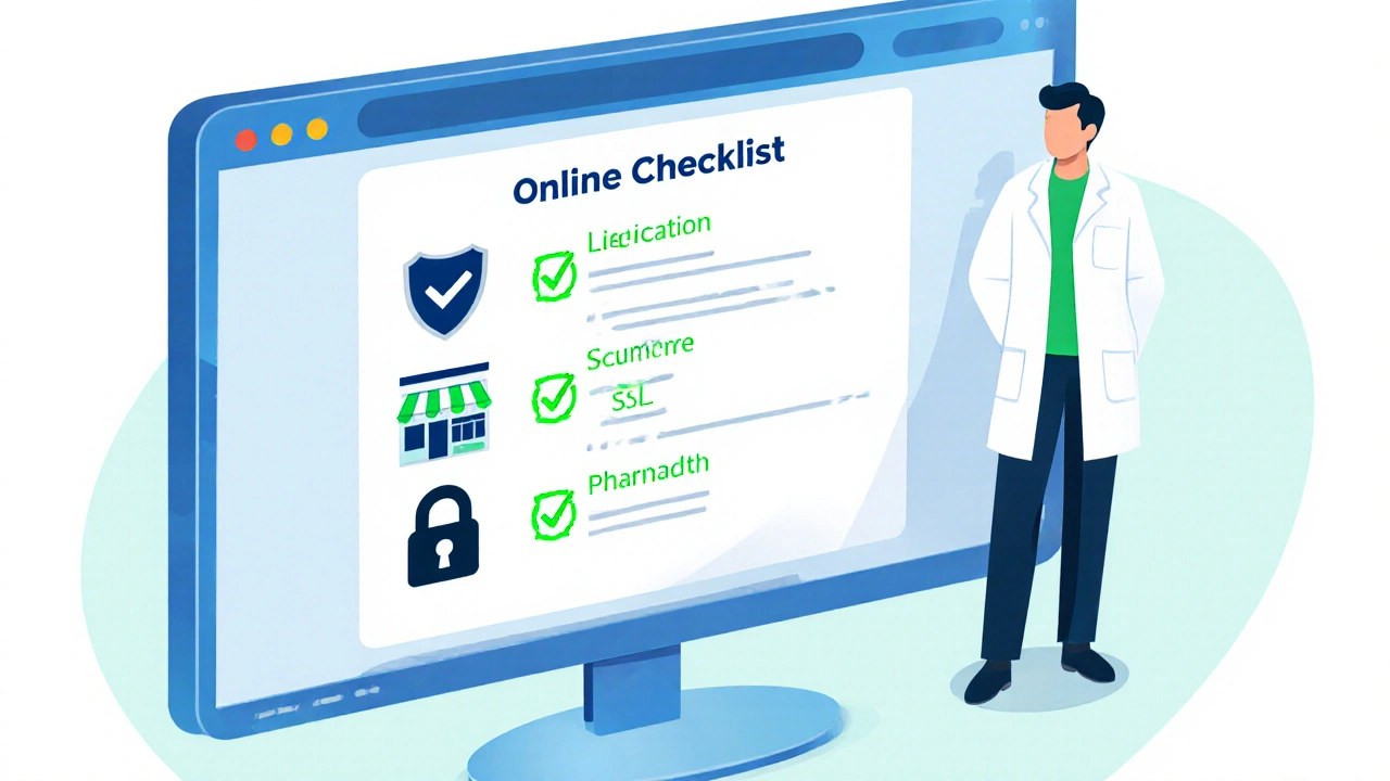 Illustration d’une liste de vérification avec icônes de sécurité pour une pharmacie en ligne.