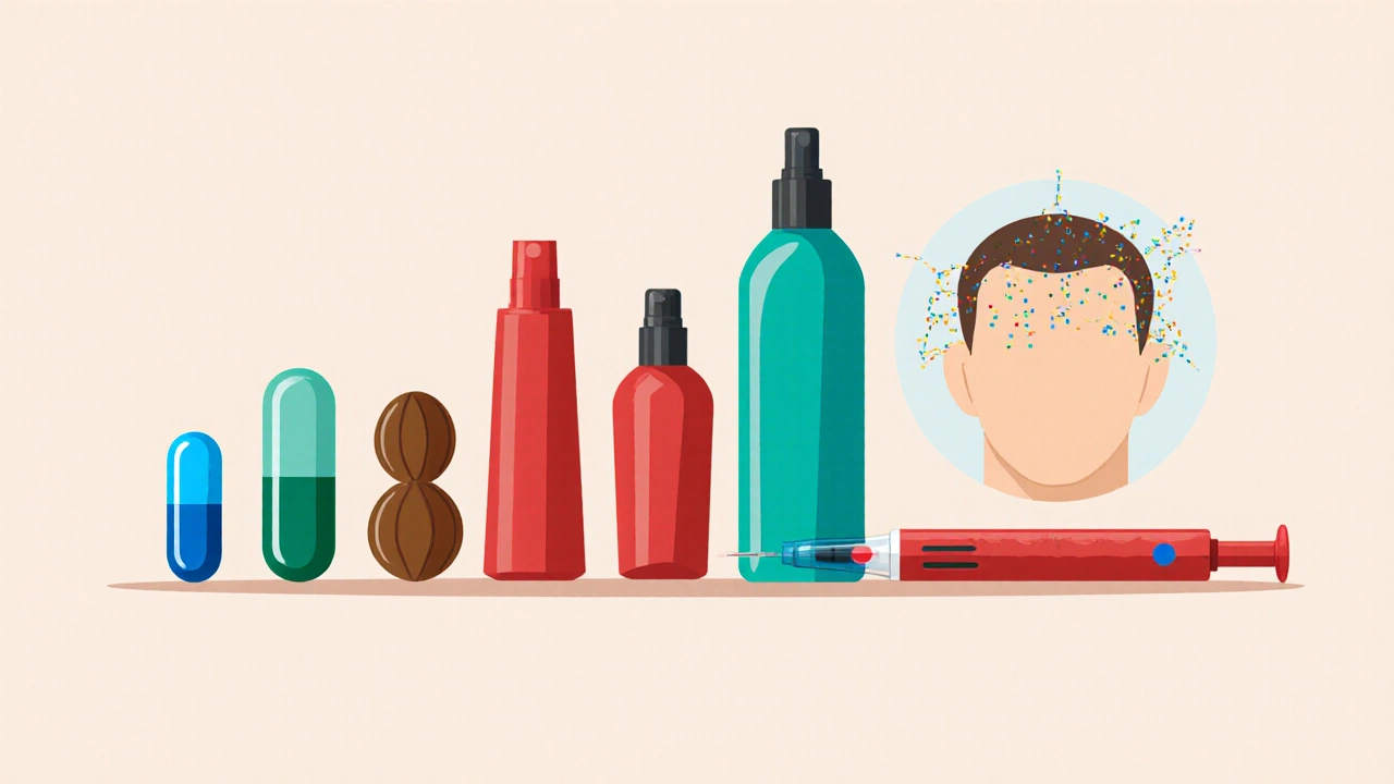 Illustration vectorielle de divers traitements contre la perte de cheveux disposés en rangée.