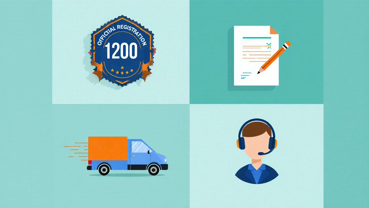 Illustration vectorielle montrant badge d'enregistrement, ordonnance, van de livraison et casque service client.