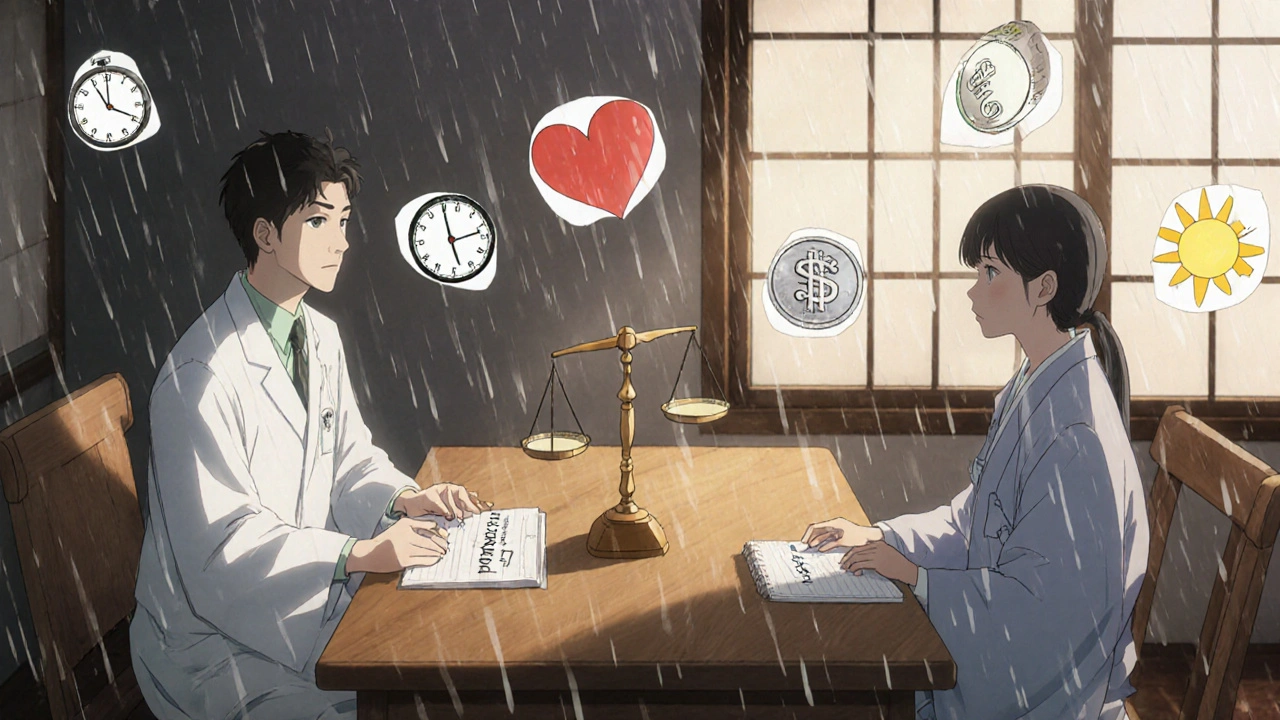 Médecin et patient à une table, une balance équilibre coût et santé, avec des icônes flottantes autour d'eux.