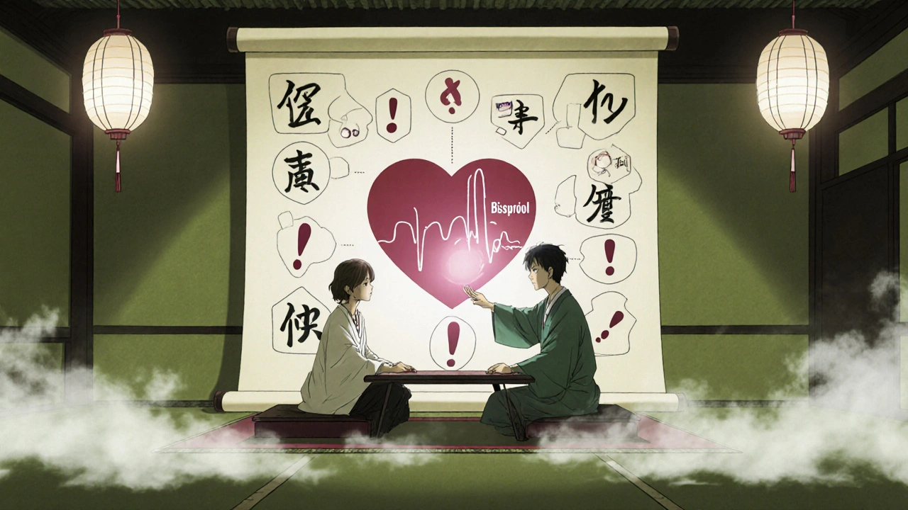 Médecin et patient discutant devant un tableau flottant de traitements cardiaques, dans une ambiance de temple paisible.