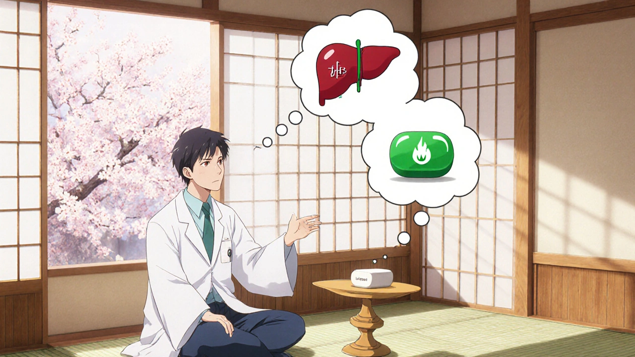 Médecin et patient discutent, avec des bulles montrant une balance entre Pim‑800 et ibuprofène, éclairage doux.