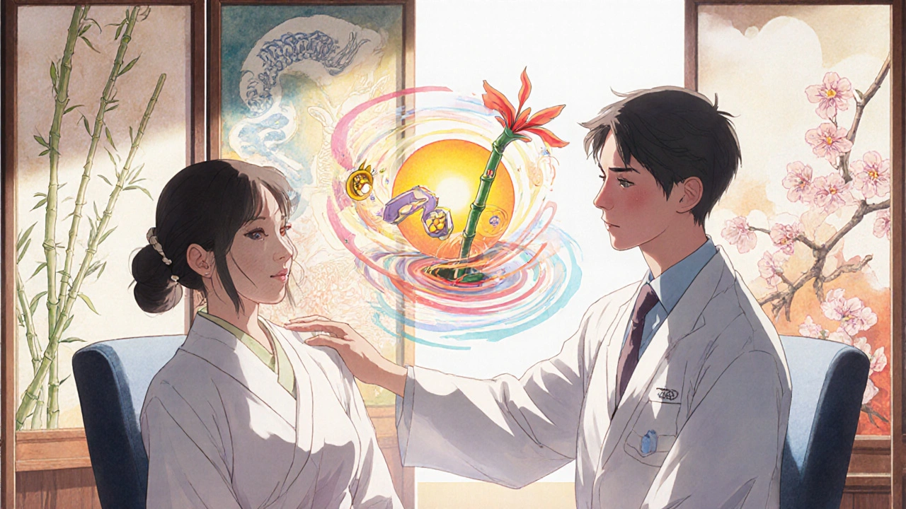 Médecin et patient en consultation, symboles médicinaux flottants en style ukiyo-e anime.