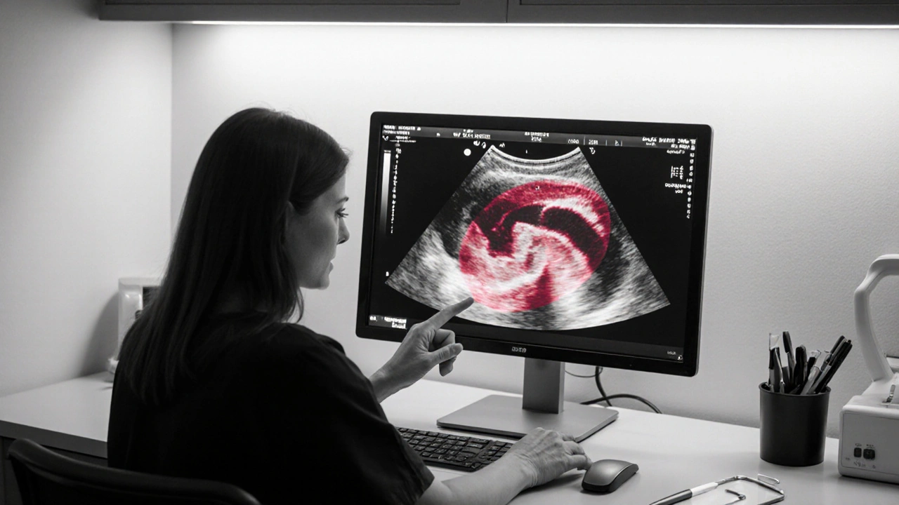 Médecin et patiente examinant une échographie ovarienne avec contours rouges.