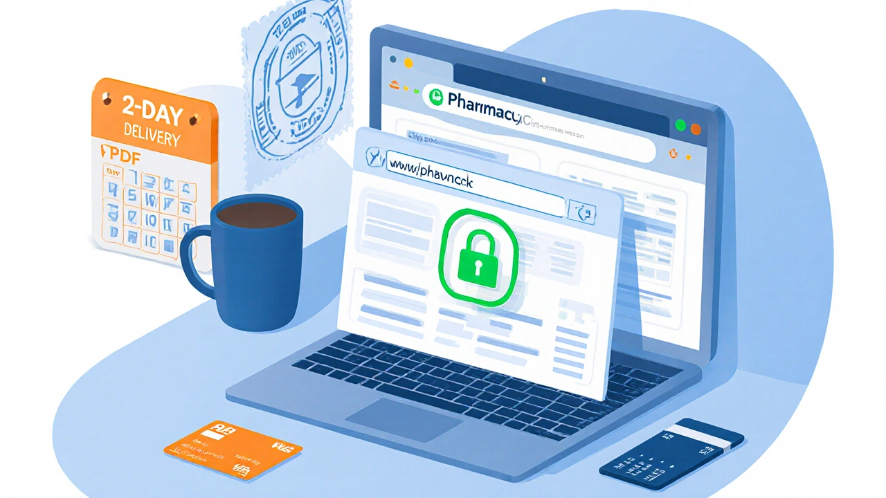 Ordinateur affichant un site de pharmacie en ligne avec icône de cadenas vert SSL.