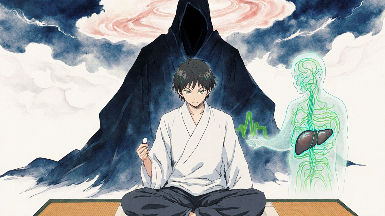 Patient avec figure fantomatique de foie et esprits de corticoïdes en style anime traditionnel.