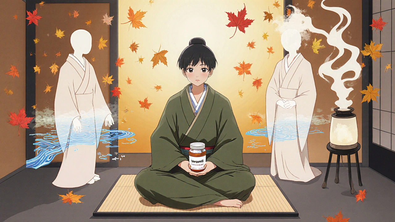 Patient entouré de trois entités symboliques des alternatives au vérapamil, dans un style japonais apaisant.