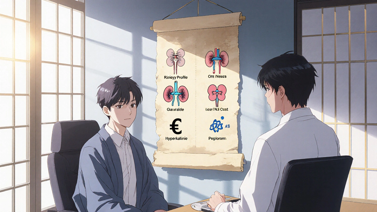 Patient et médecin discutant, avec un rouleau montrant les critères de choix, style ukiyo‑e anime.