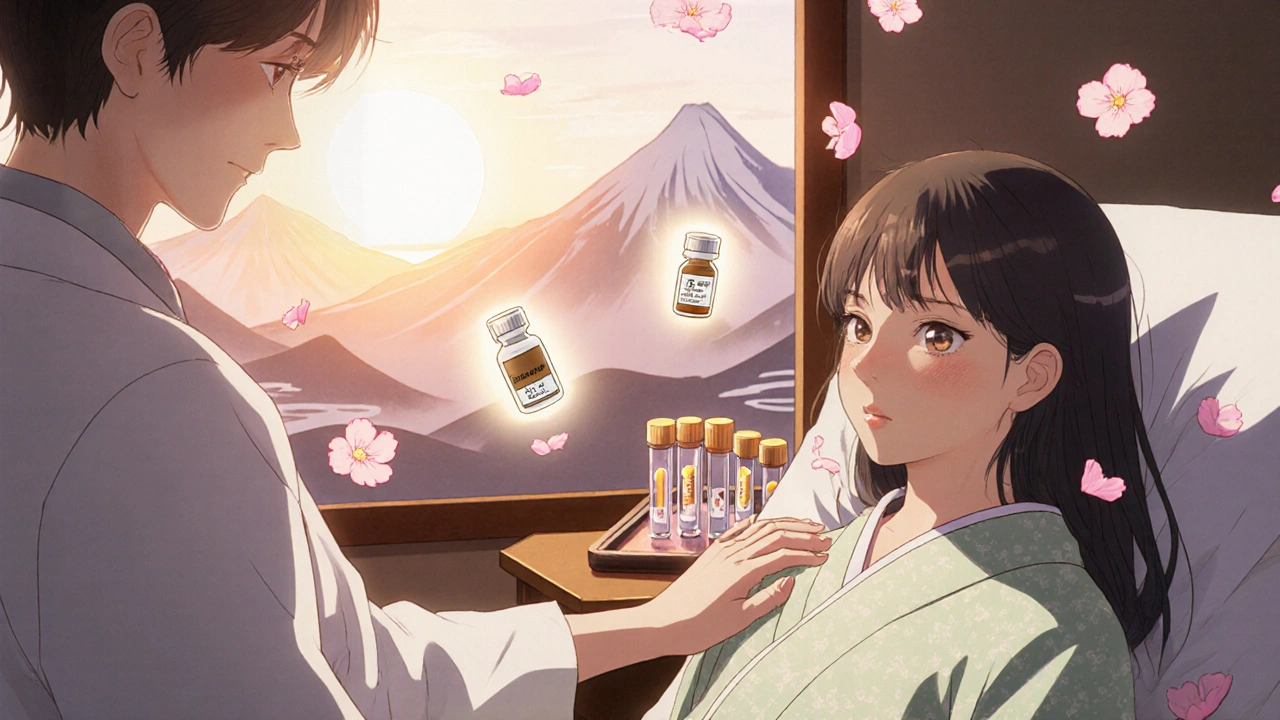 Patiente souriante après l'ECT, médecin à ses côtés, avec médicaments et tests d'électrolytes.