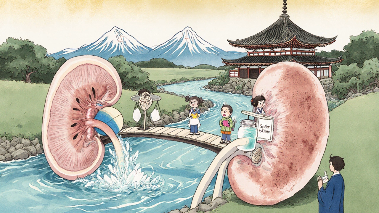 Paysage médical symbolique : rein en pagode japonaise avec des diurétiques sur des ponts, un patient observe depuis la rive.