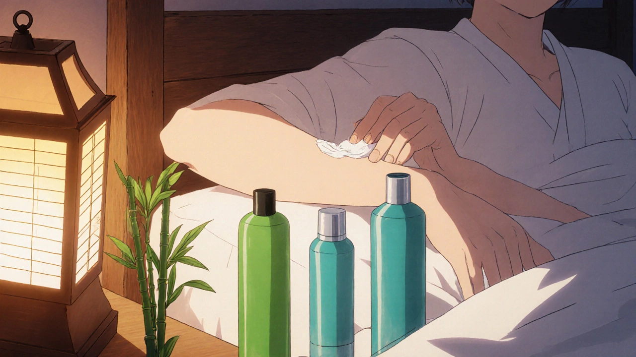 Personne appliquant de la crème d'eflornithine au coucher, entourée de trois flacons.