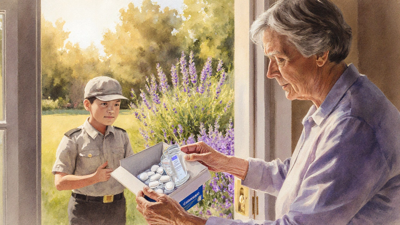 Personne recevant un colis contenant une bouteille de pilules, décor de jardin au coucher du soleil.