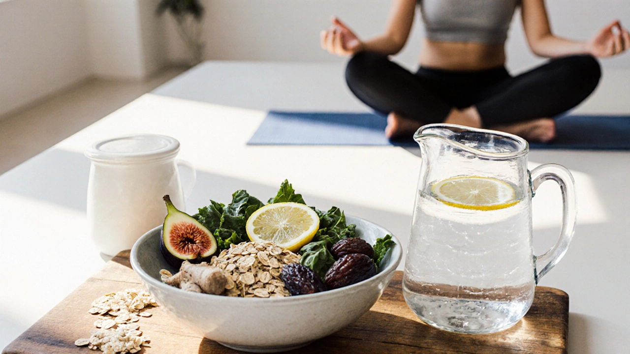 Plan de cuisine avec aliments riches en fibres, eau citronnée, yaourt probiotique et yoga.