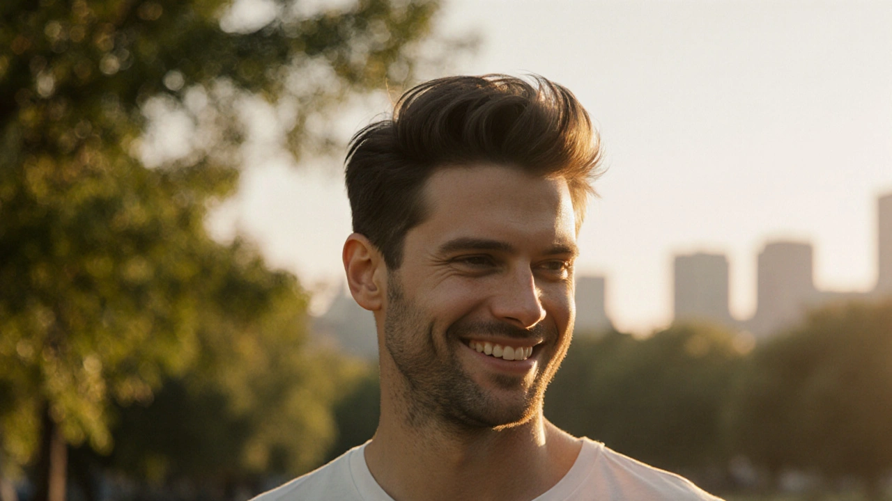 Portrait d'un homme au parc avec une chevelure dense et un sourire confiant.