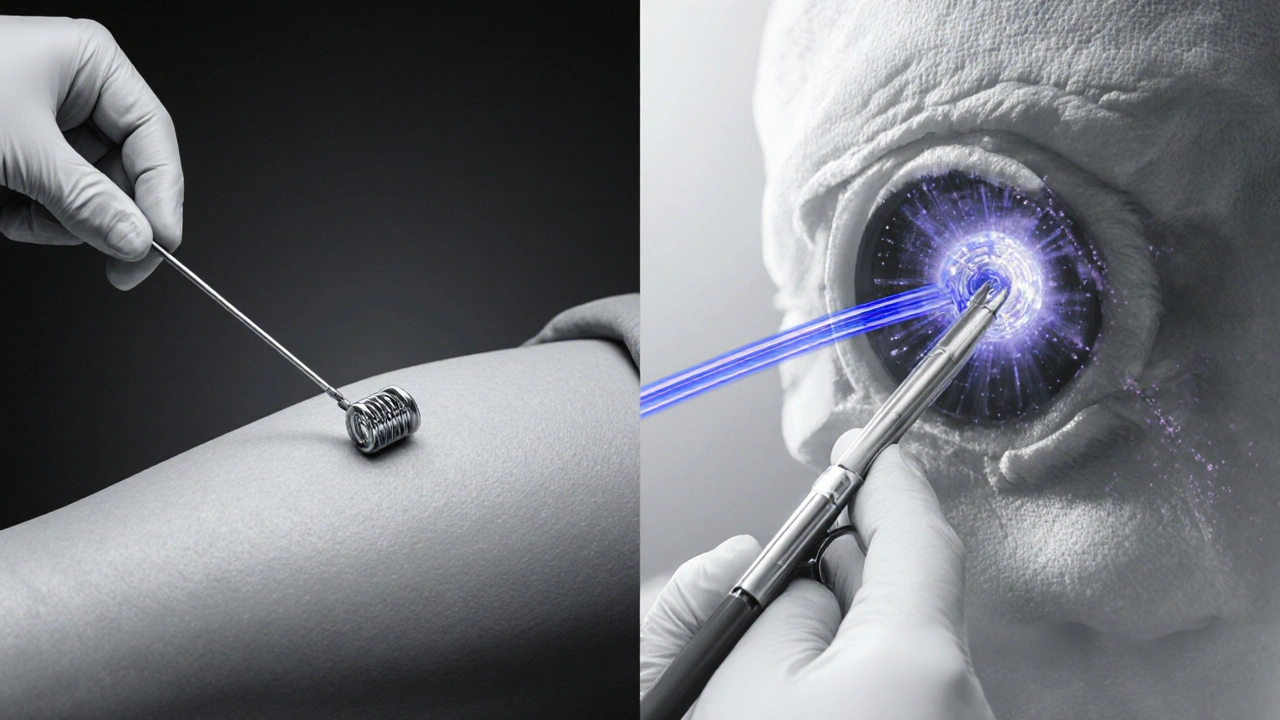 Radiologue et neurochirurgien illustrés, coiling métallique et clipping argenté sur un anévrisme cérébral.