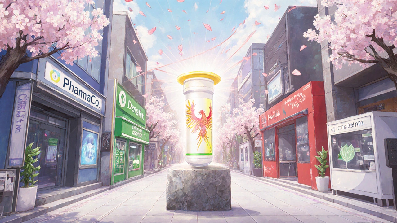 Rue futuriste de marché avec logos d'entreprises, tube de buténafine brillant et pétales de sakura.