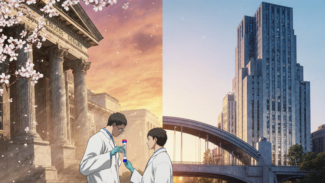 Scène divisée montrant les bâtiments EMA et FDA avec un tube de buténafine au centre.