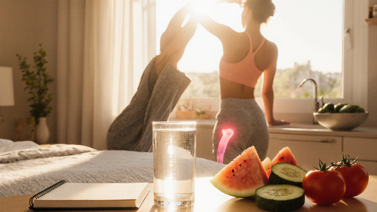 Scène matinale avec verre d'eau, fruits riches en eau et personne s'étirant, soulignant les articulations hydratées.