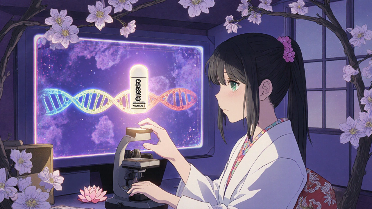 Scientifique examinant une souche de Candida résistante sous un microscope holographique, une pilule nouvelle émerge comme une fleur de lotus.