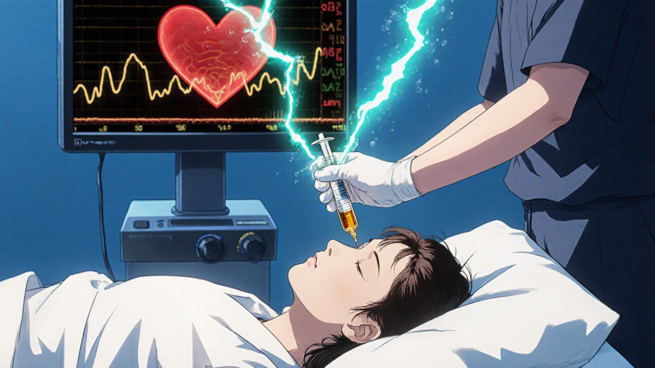 Séance d'ECT montrant le stimulus électrique, le propofol et un moniteur cardiaque affichant le QT.