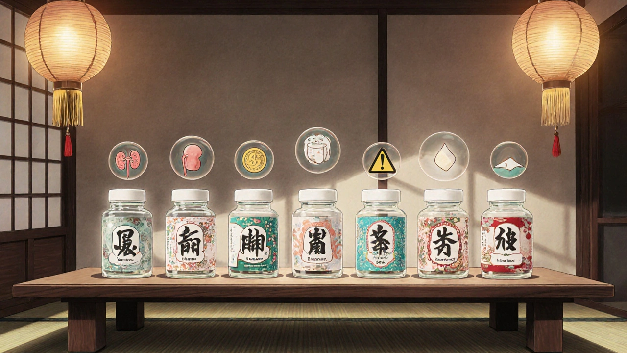 Six flacons de médicaments ARA‑II alignés sur une table, style ukiyo‑e anime.