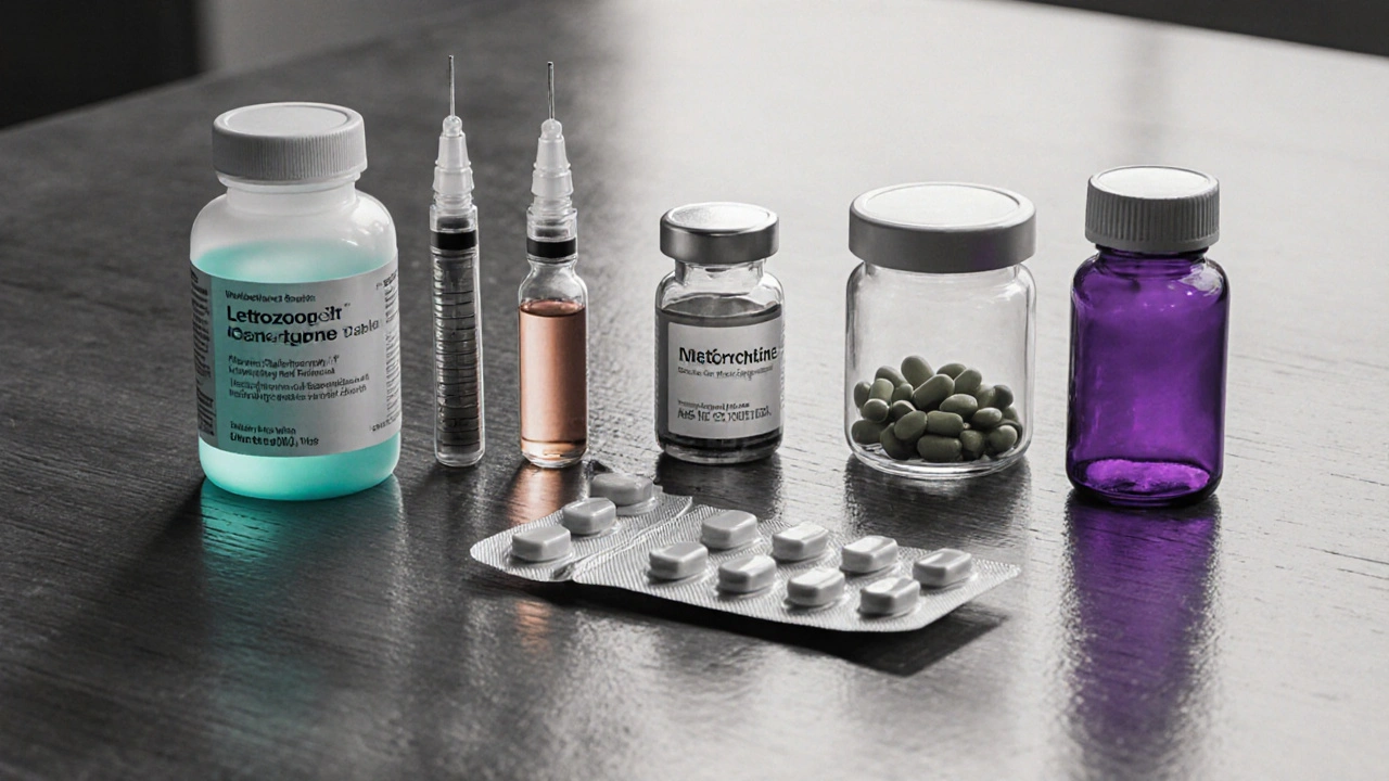 Tableau de traitements de fertilité avec pilules et flacons, accent de couleur limitées.