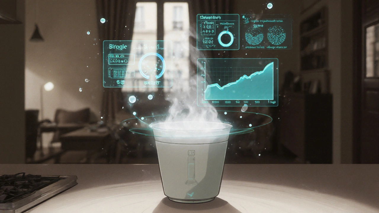 Tasse intelligente sur un comptoir avec des données holographiques de hydration et couleur d'urine, fond flou d'appartement parisien.