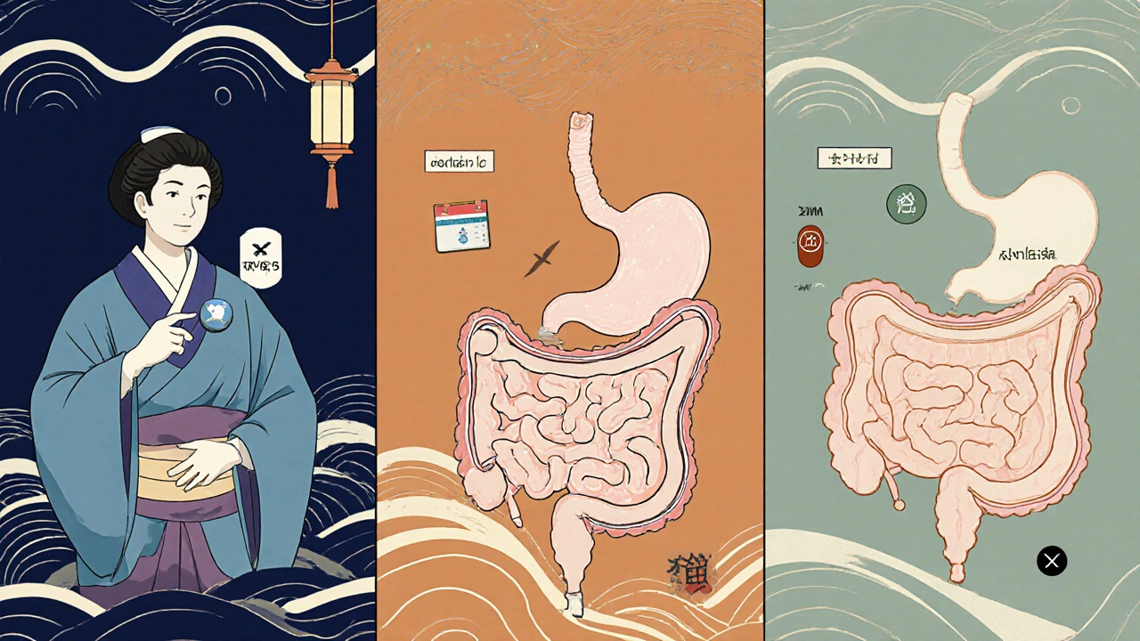 Trois panneaux illustrent RYGB, sleeve et diversion avec intestin et médicaments associés.