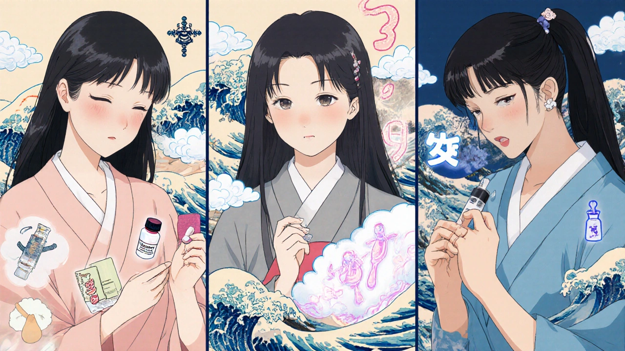 Trois vignettes montrant les scénarios de choix thérapeutique : PCOS avec Metformin, antécédent de SHO avec Letrozole, et passage aux gonadotrophines, style ukiyo‑e anime.