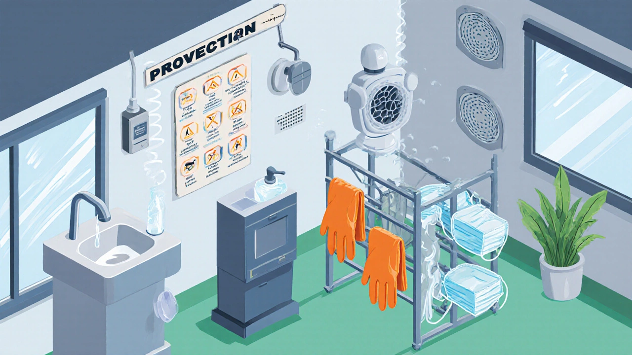 Vue isométrique d’un espace de travail avec stations de lavage, EPI et systèmes de ventilation.