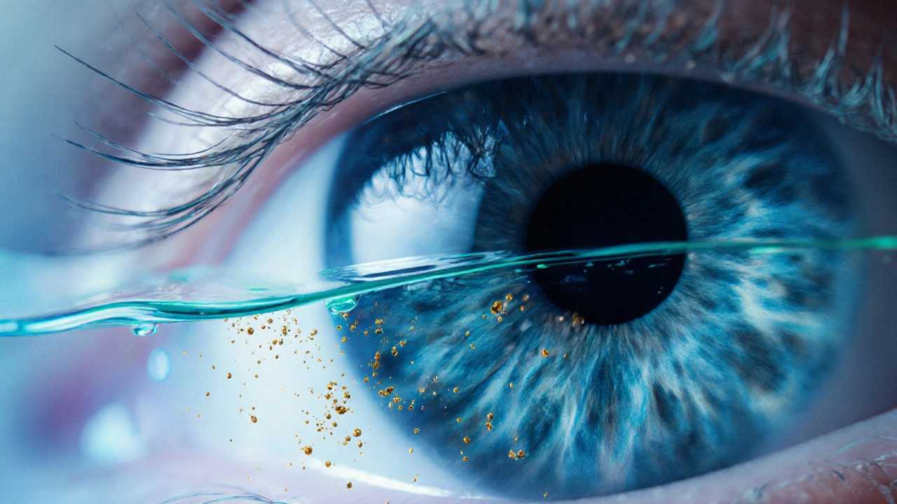 Vue macro du film lacrymal avec barrière darmes artificielles repoussant les allergènes.
