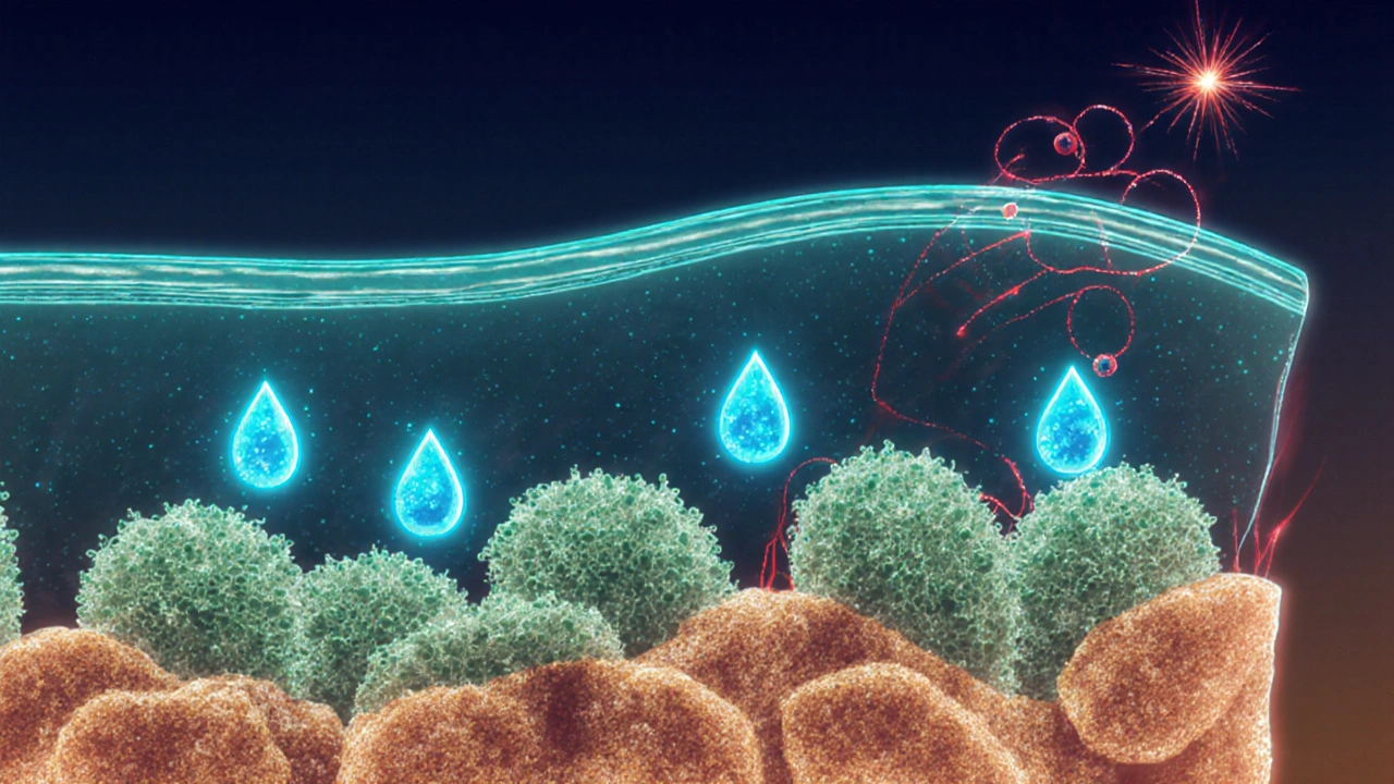 Vue microscopique du côlon avec SCFA lumineux, bactéries bénéfiques vertes et gaz méthane orange.