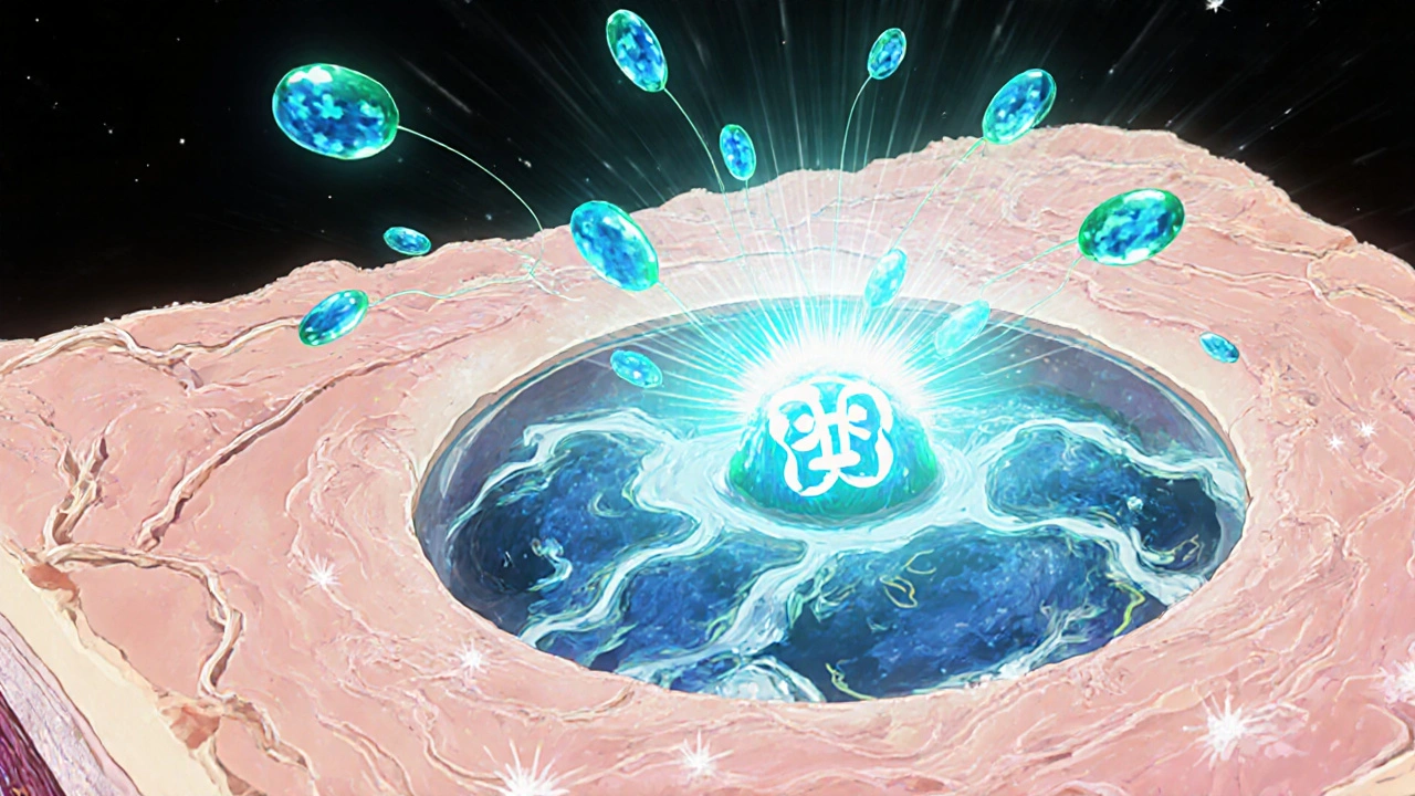 Vue stylisée d’un kératinocyte montrant le calcipotriol se liant au récepteur VDR dans le noyau.