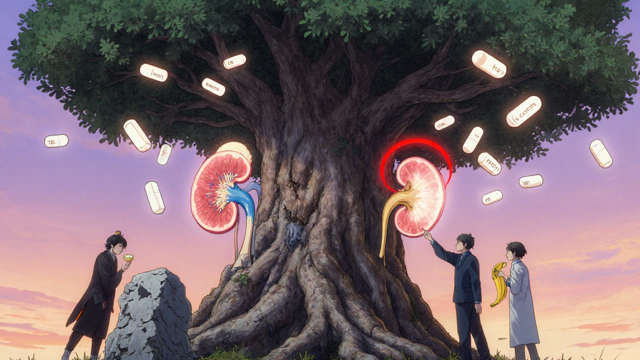 Arbre géant aux racines en forme de reins, ses feuilles sont des comprimés de bicarbonate, un patient mange une banane sous un ciel couchant.