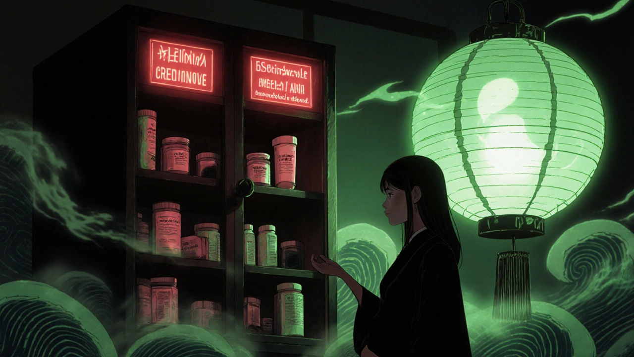 Armoire de médicaments avec produits interdits en rouge et sûrs en vert, silhouette de femme enceinte.