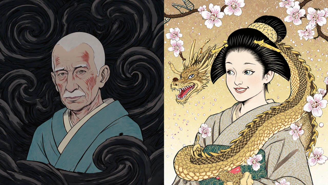 Comparaison visuelle entre les effets secondaires de l'azathioprine et les bénéfices du mycophénolate, représentés par des motifs traditionnels et modernes.