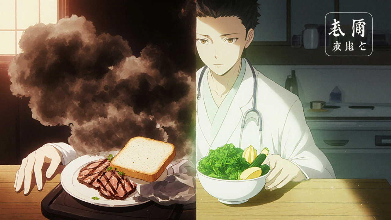 Cuisine divisée : d&#039;un côté de la viande et des céréales acides, de l&#039;autre des légumes et fruits alcalins, un médecin rassure le patient.