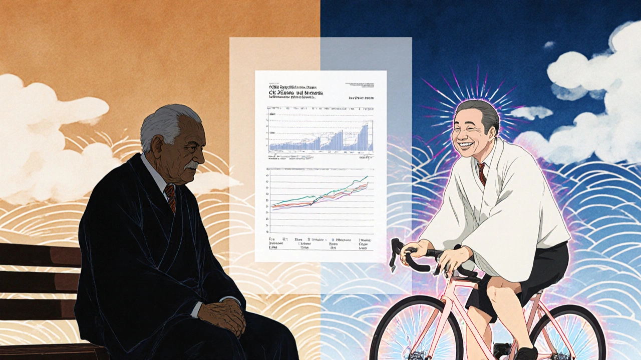 Deux personnes âgées : l&#039;une inactive et sombre, l&#039;autre cycliste lumineux, avec un graphique de CK au-dessus.