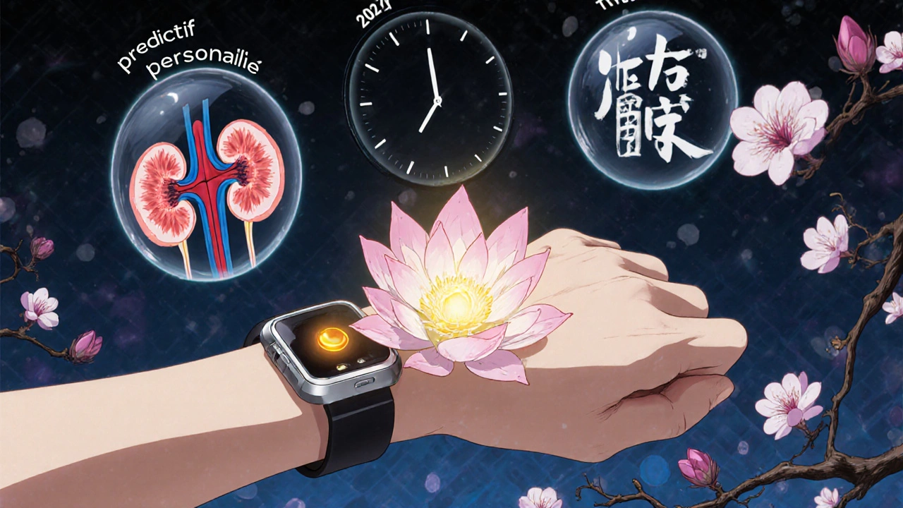 Dispositif portable en forme de lotus prélevant une goutte de sang, entouré de caractères japonais et de fleurs.